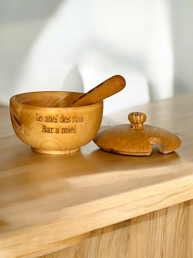 Pot de miel en bois + couvercle + cuillère à miel en bois de cerisier Le miel des rois